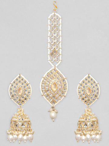 Rubans 24K Gold Plated Kundan Studded Pearl Beaded Jhumka & Mangtika Set Maang Tikka & Earrings Set