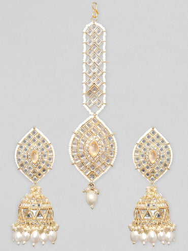 Rubans 24K Gold Plated Kundan Studded Pearl Beaded Jhumka & Mangtika Set Maang Tikka & Earrings Set