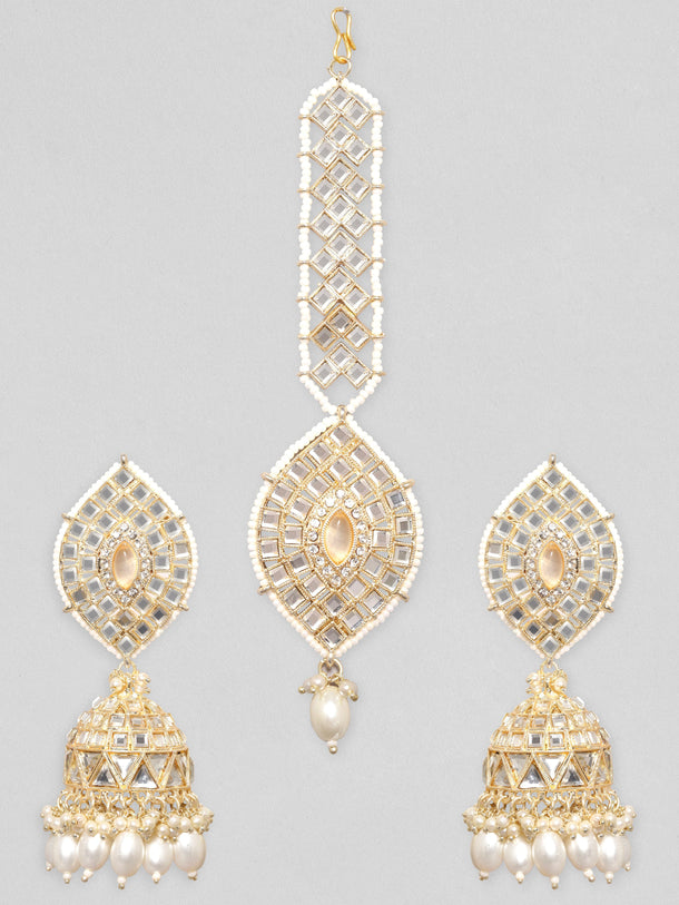 Rubans 24K Gold Plated Kundan Studded Pearl Beaded Jhumka & Mangtika Set Maang Tikka & Earrings Set