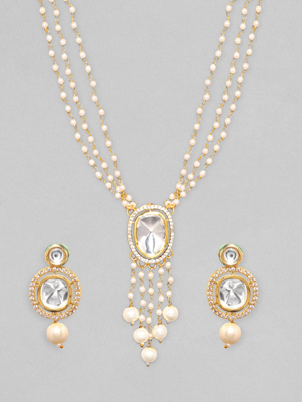 Rubans 24K Gold Plated Kundan Studded Pearl Beaded Necklace Set Necklace Set