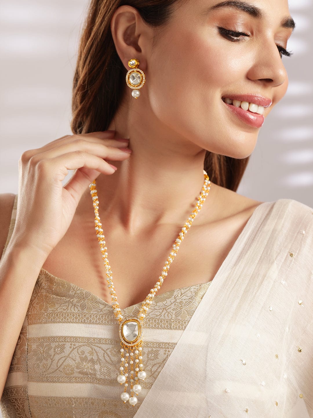 Rubans 24K Gold Plated Kundan Studded Pearl Beaded Necklace Set Necklaces, Necklace Sets, Chains & Mangalsutra
