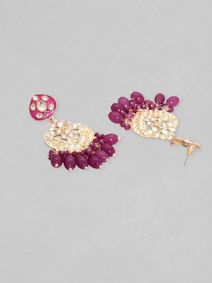 Rubans 24K Gold Plated Kundan Studded Pearl & Wine Shade Beaded Necklace, Earring & Maangtikka Set Necklace Set