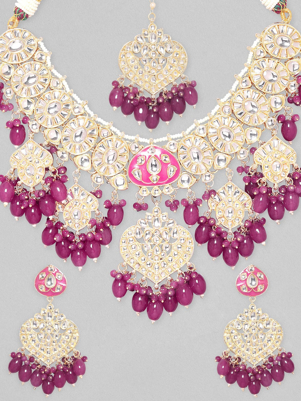 Rubans 24K Gold Plated Kundan Studded Pearl & Wine Shade Beaded Necklace, Earring & Maangtikka Set Necklace Set