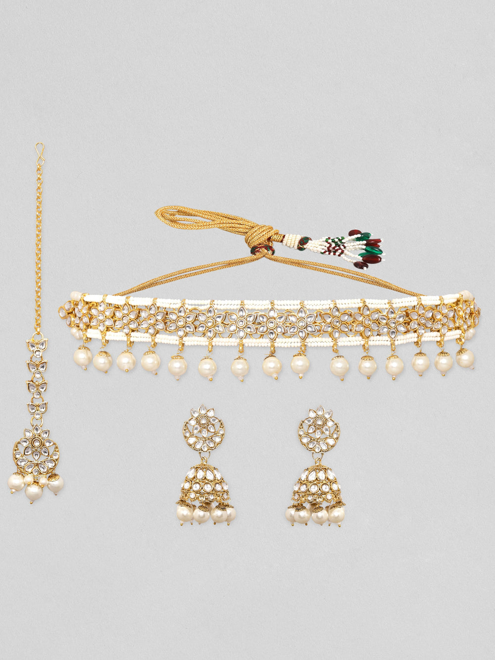 Rubans 24K Gold Plated Kundan Studded White Pearl Beaded Choker Necklace Set Necklace Set