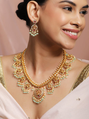 Rubans 24K Gold-Plated Lakshmi Temple Jewellery Necklace Set with Ruby Red Stones, Pearls & Glossy Green Beads Necklace Set