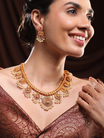 Rubans 24K Gold-Plated Lakshmi Temple Necklace Set with Ruby Stones & Pearl Detailing Jewellery Set
