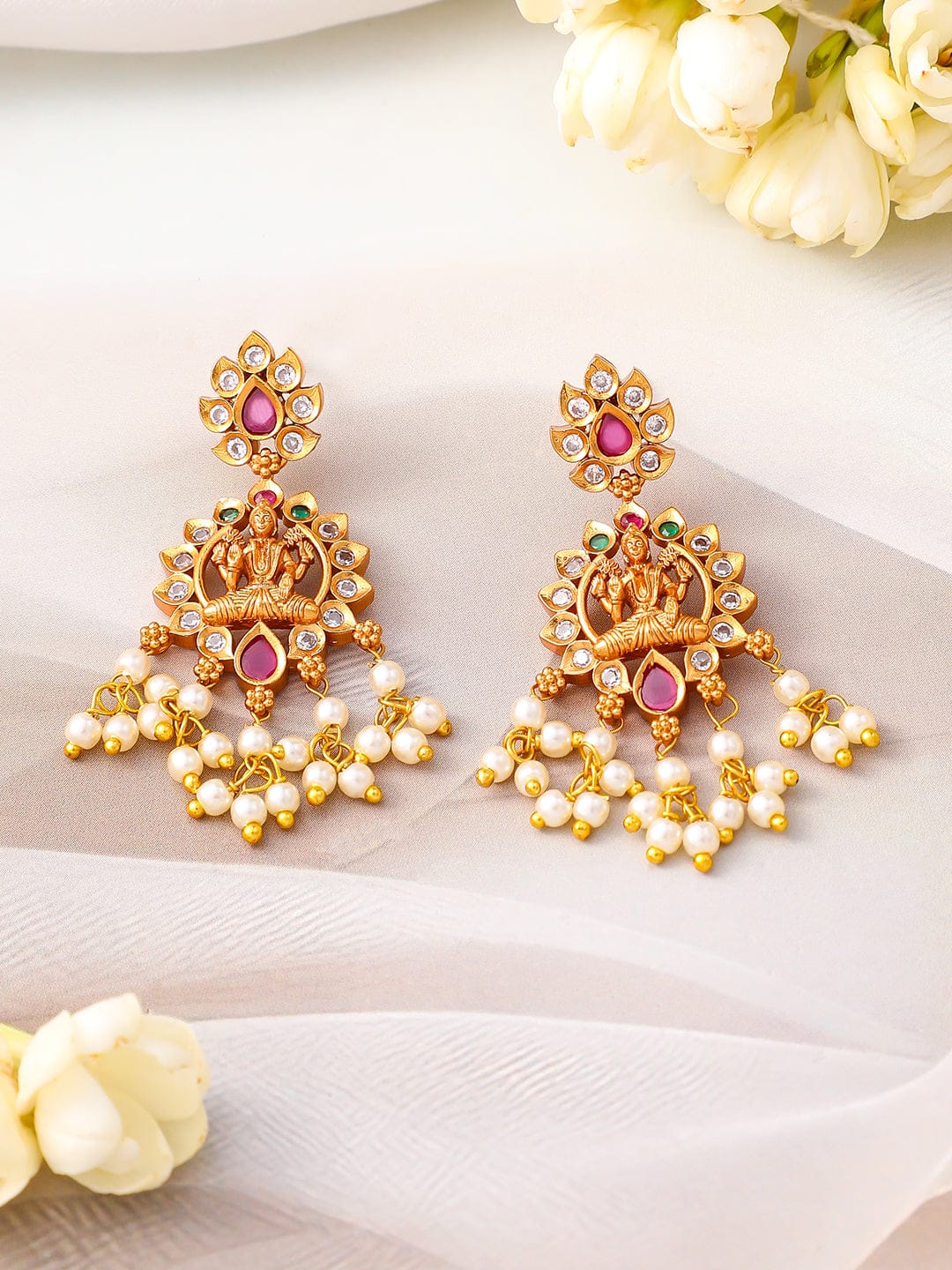 Rubans 24K Gold-Plated Lakshmi Temple Necklace Set with Ruby Stones & Pearl Detailing Jewellery Set