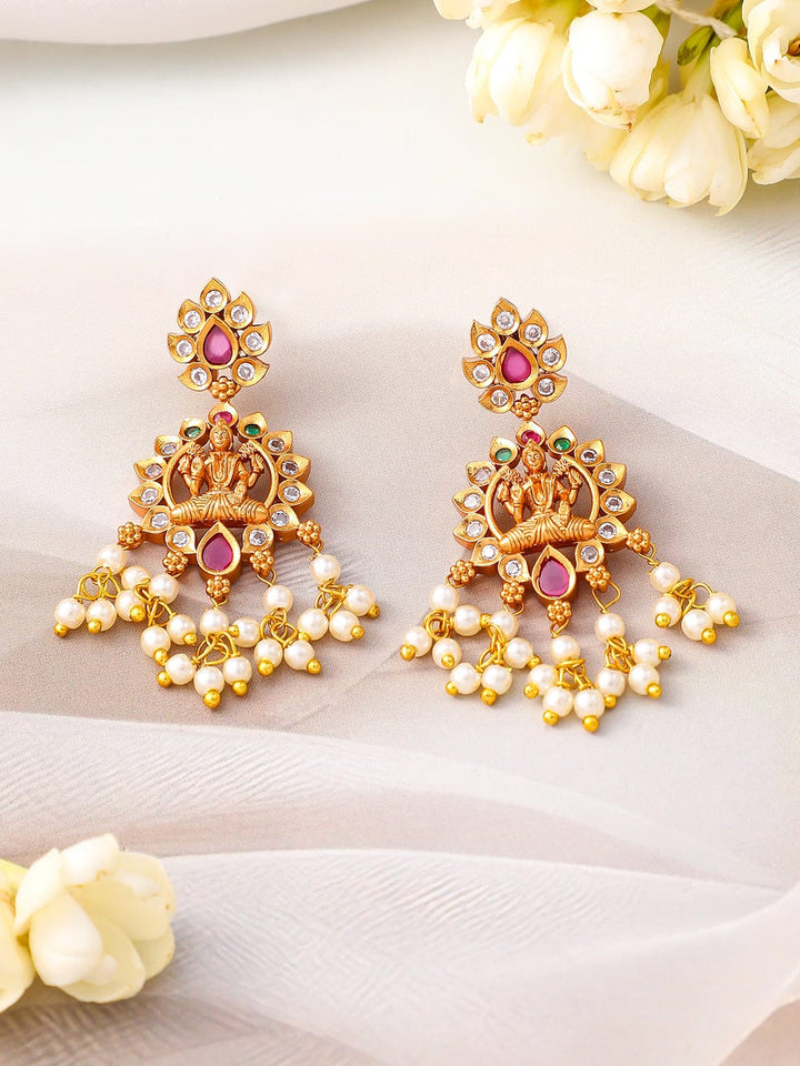 Rubans 24K Gold-Plated Lakshmi Temple Necklace Set with Ruby Stones & Pearl Detailing Jewellery Set