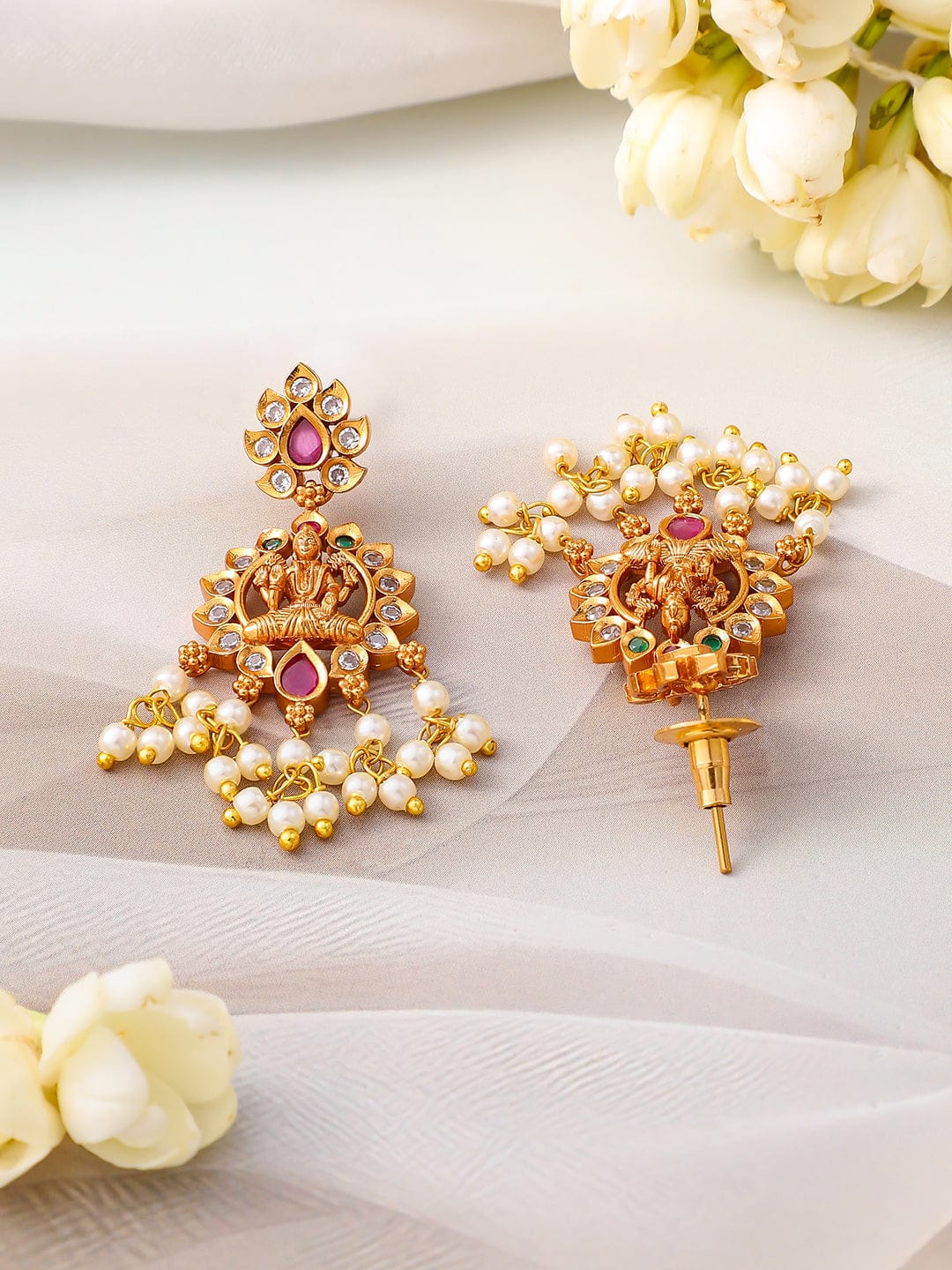 Rubans 24K Gold-Plated Lakshmi Temple Necklace Set with Ruby Stones & Pearl Detailing Jewellery Set