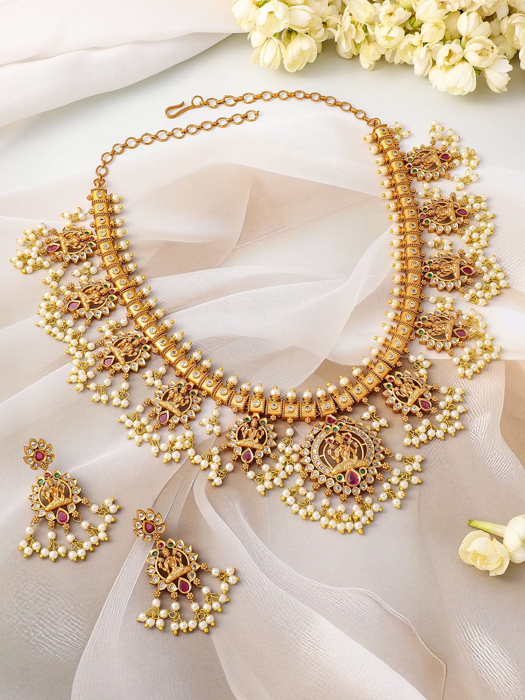 Rubans 24K Gold-Plated Lakshmi Temple Necklace Set with Ruby Stones & Pearl Detailing Jewellery Set