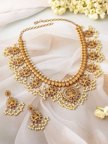 Rubans 24K Gold-Plated Lakshmi Temple Necklace Set with Ruby Stones & Pearl Detailing Jewellery Set