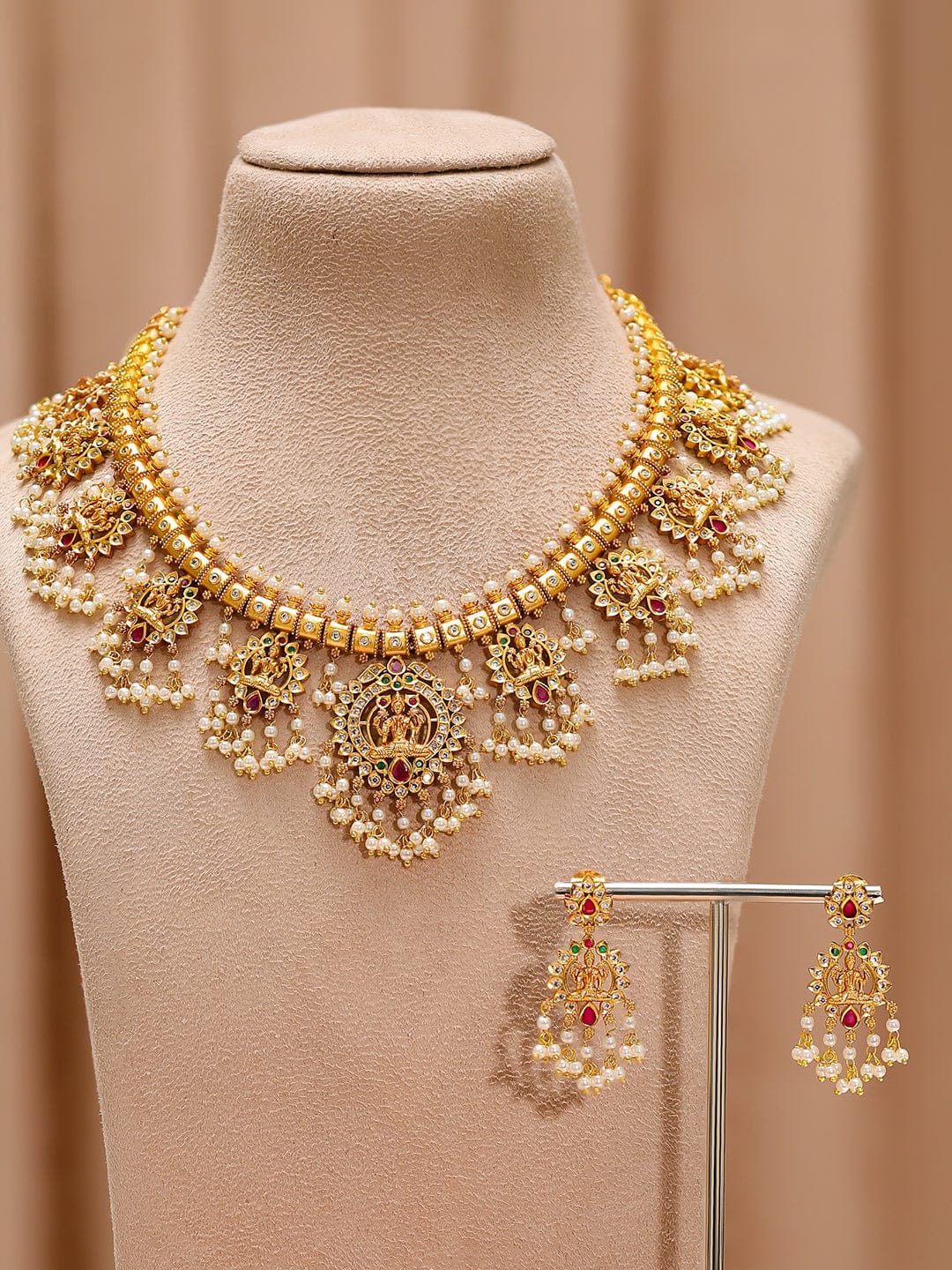 Rubans 24K Gold-Plated Lakshmi Temple Necklace Set with Ruby Stones & Pearl Detailing Jewellery Set
