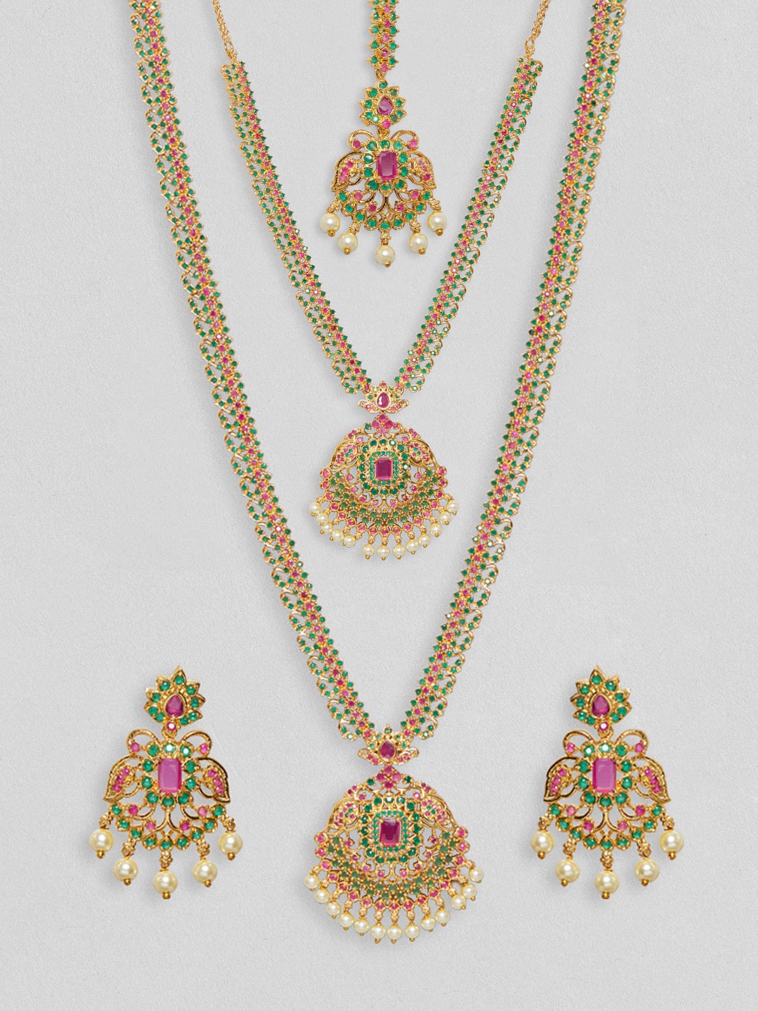 Rubans 24K Gold Plated Layered Necklace Set With Studded Green & Pink AD Necklace Set