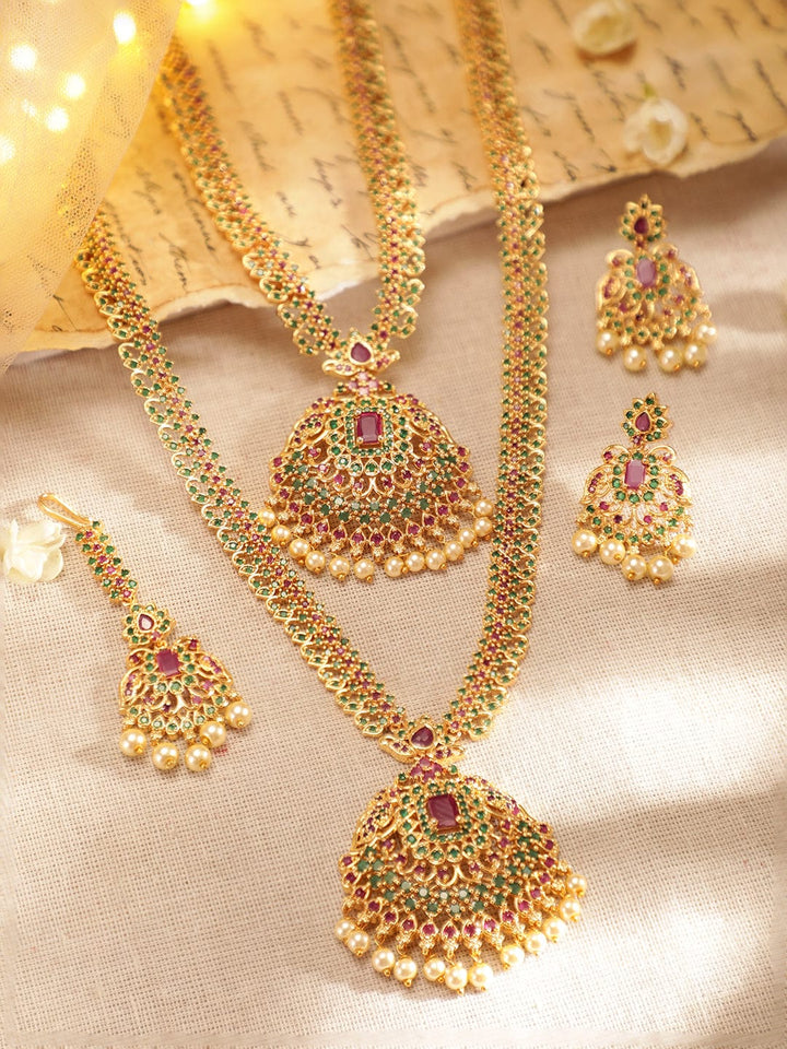 Rubans 24K Gold Plated Layered Necklace Set With Studded Green & Pink AD Necklaces, Necklace Sets, Chains & Mangalsutra