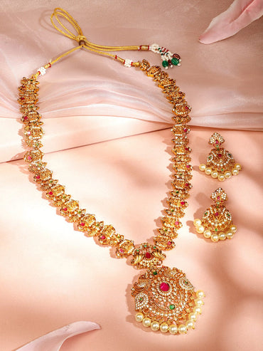 Rubans 24K Gold-Plated Long Lakshmi Motif Temple Jewellery Set with Ruby Pink, Emerald Green, White Cubic Zirconia & Pearl Beads for Women Jewellery Set