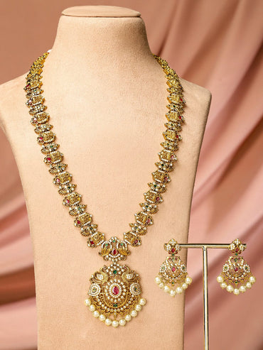 Rubans 24K Gold-Plated Long Lakshmi Motif Temple Jewellery Set with Ruby Pink, Emerald Green, White Cubic Zirconia & Pearl Beads for Women Jewellery Set