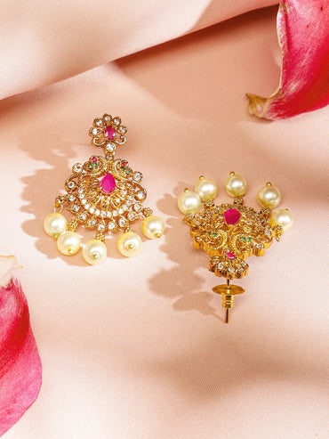 Rubans 24K Gold-Plated Long Lakshmi Motif Temple Jewellery Set with Ruby Pink, Emerald Green, White Cubic Zirconia & Pearl Beads for Women Jewellery Set