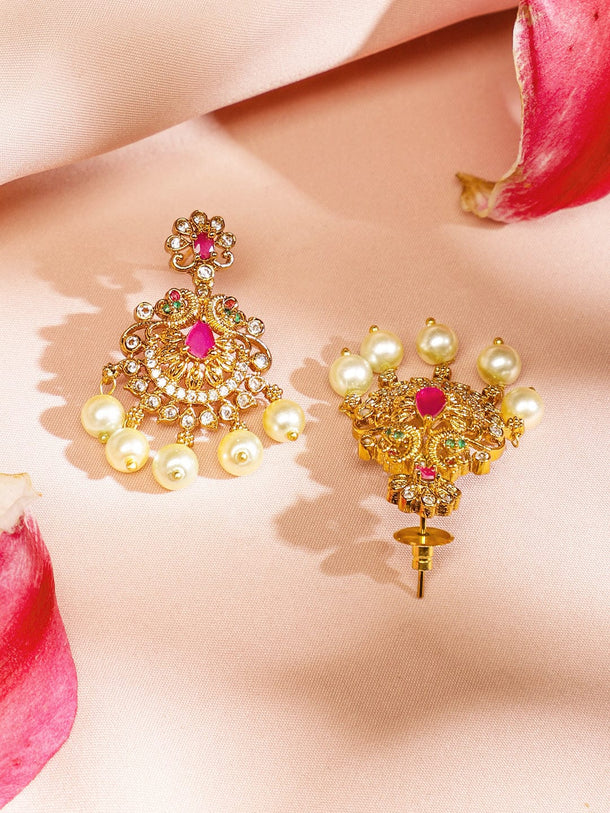 Rubans 24K Gold-Plated Long Lakshmi Motif Temple Jewellery Set with Ruby Pink, Emerald Green, White Cubic Zirconia & Pearl Beads for Women Jewellery Set