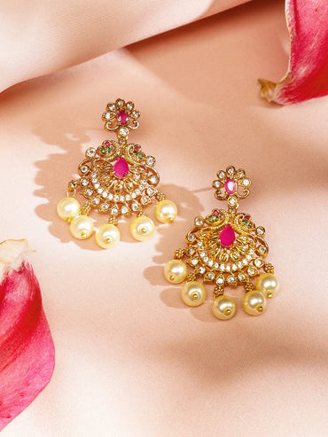 Rubans 24K Gold-Plated Long Lakshmi Motif Temple Jewellery Set with Ruby Pink, Emerald Green, White Cubic Zirconia & Pearl Beads for Women Jewellery Set