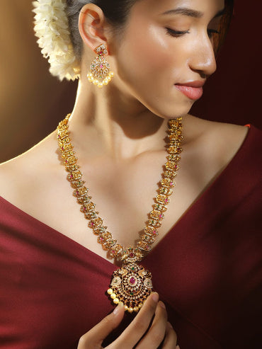 Rubans 24K Gold-Plated Long Lakshmi Motif Temple Jewellery Set with Ruby Pink, Emerald Green, White Cubic Zirconia & Pearl Beads for Women Necklace Set