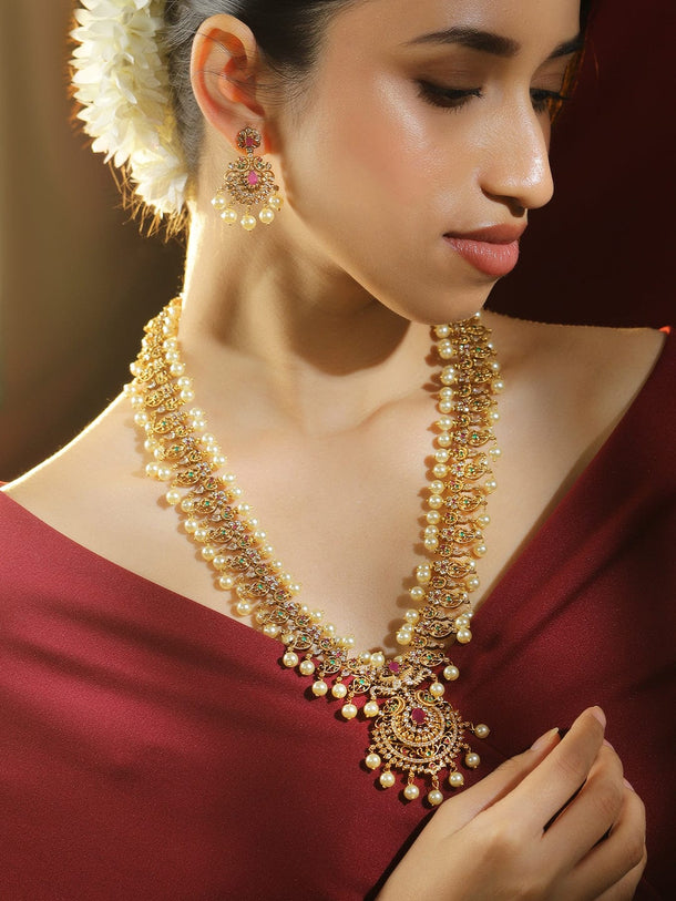 Rubans 24K Gold-Plated Long Temple Jewellery Set with Ruby Pink, Emerald Green, White Cubic Zirconia & Pearl Beads for Women Necklace Set