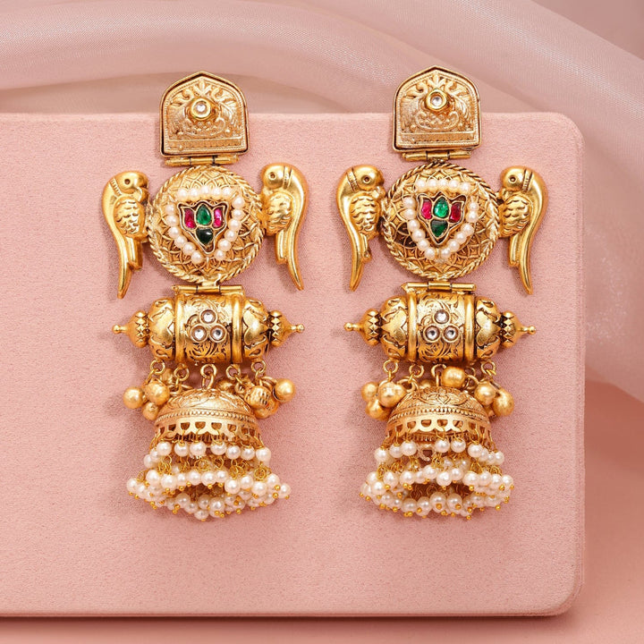 Rubans 24K Gold-Plated Luxurious Jhumka Earrings with Green & Red Stones, Pearl Drops Jhumka Earrings