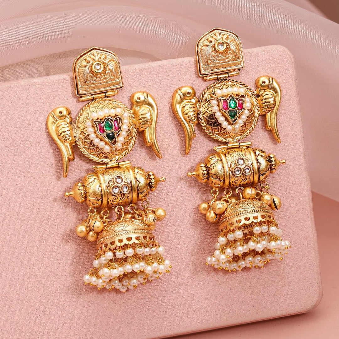 Rubans 24K Gold-Plated Luxurious Jhumka Earrings with Green & Red Stones, Pearl Drops Jhumka Earrings