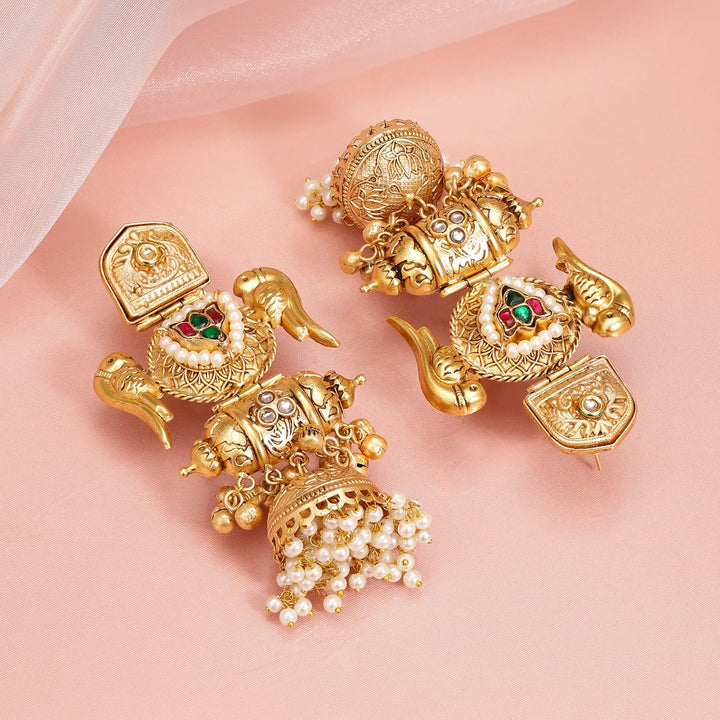 Rubans 24K Gold-Plated Luxurious Jhumka Earrings with Green & Red Stones, Pearl Drops Jhumka Earrings