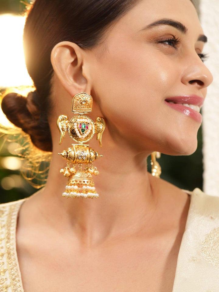 Rubans 24K Gold-Plated Luxurious Jhumka Earrings with Green & Red Stones, Pearl Drops Jhumka Earrings