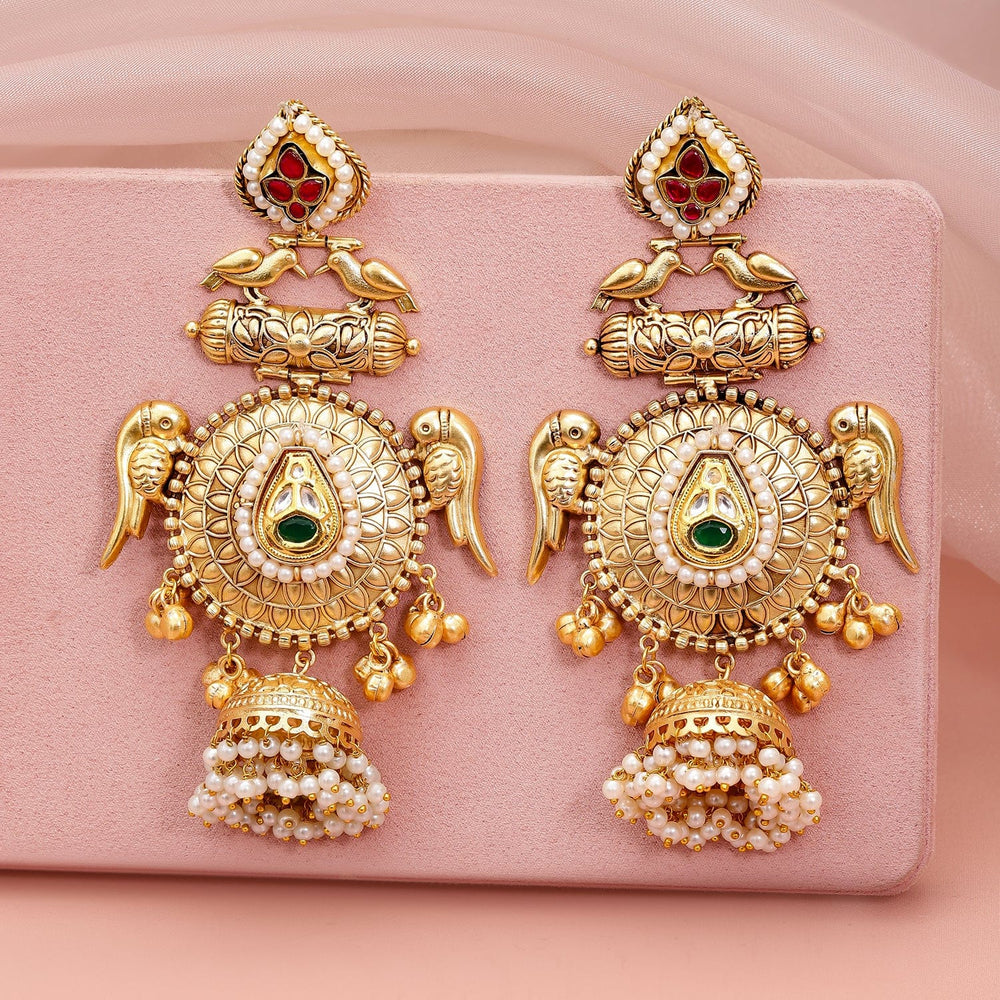 Rubans 24K Gold-Plated Luxurious Jhumka Earrings with Green Stones, Red Accents & Pearls Jhumka Earrings