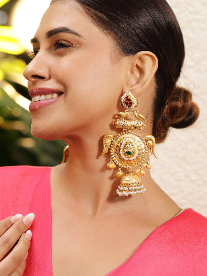 Rubans 24K Gold-Plated Luxurious Jhumka Earrings with Green Stones, Red Accents & Pearls Jhumka Earrings