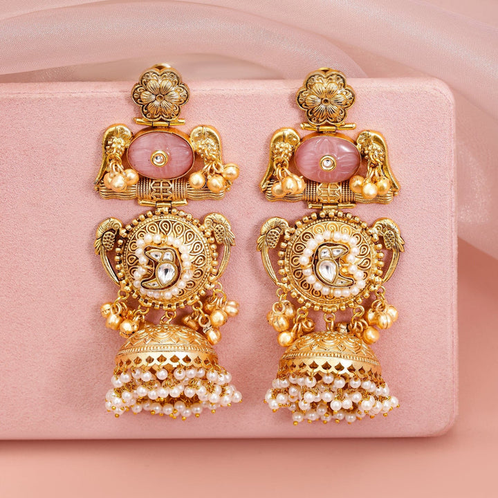 Rubans 24K Gold-Plated Luxurious Jhumka Earrings with Pink Stones, Pearls & Golden Beads Jhumka Earrings