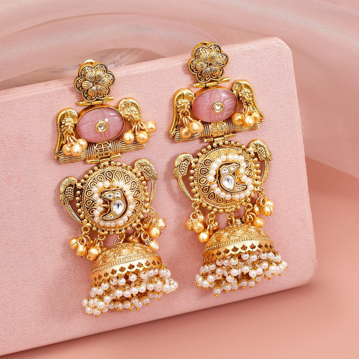 Rubans 24K Gold-Plated Luxurious Jhumka Earrings with Pink Stones, Pearls & Golden Beads Jhumka Earrings