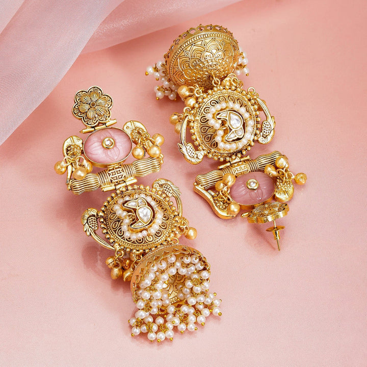 Rubans 24K Gold-Plated Luxurious Jhumka Earrings with Pink Stones, Pearls & Golden Beads Jhumka Earrings