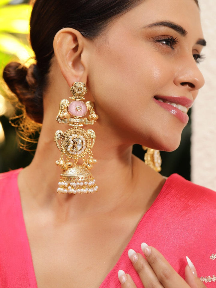 Rubans 24K Gold-Plated Luxurious Jhumka Earrings with Pink Stones, Pearls & Golden Beads Jhumka Earrings