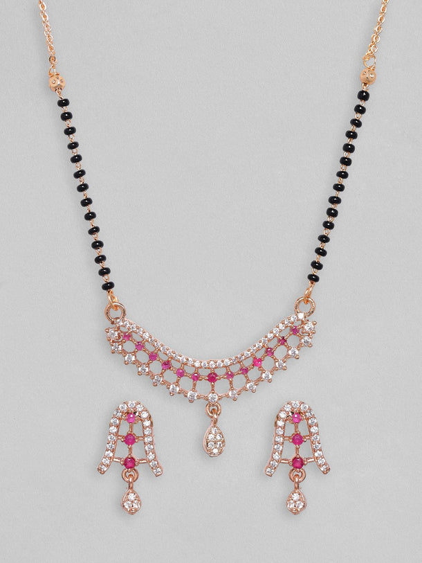 Rubans 24K Gold Plated Mangalsutra Set With Studded AD And Earrings Mangalsutra