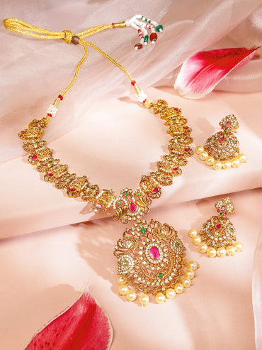 Rubans 24K Gold-Plated Medium-Length Lakshmi Motif Temple Jewellery Set with Ruby Pink, Emerald Green, White Cubic Zirconia & Pearl Beads for Women Jewellery Set