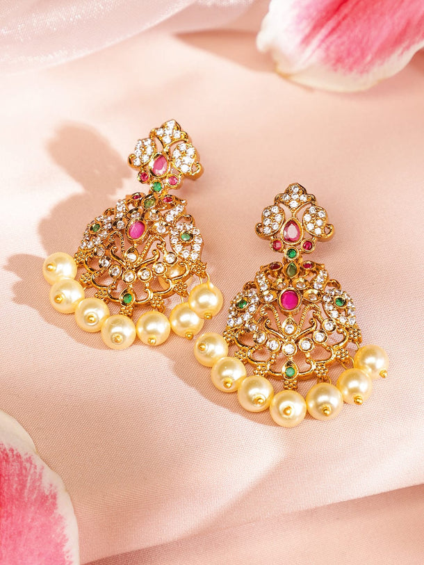 Rubans 24K Gold-Plated Medium-Length Lakshmi Motif Temple Jewellery Set with Ruby Pink, Emerald Green, White Cubic Zirconia & Pearl Beads for Women Jewellery Set