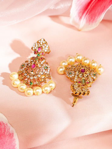 Rubans 24K Gold-Plated Medium-Length Lakshmi Motif Temple Jewellery Set with Ruby Pink, Emerald Green, White Cubic Zirconia & Pearl Beads for Women Jewellery Set