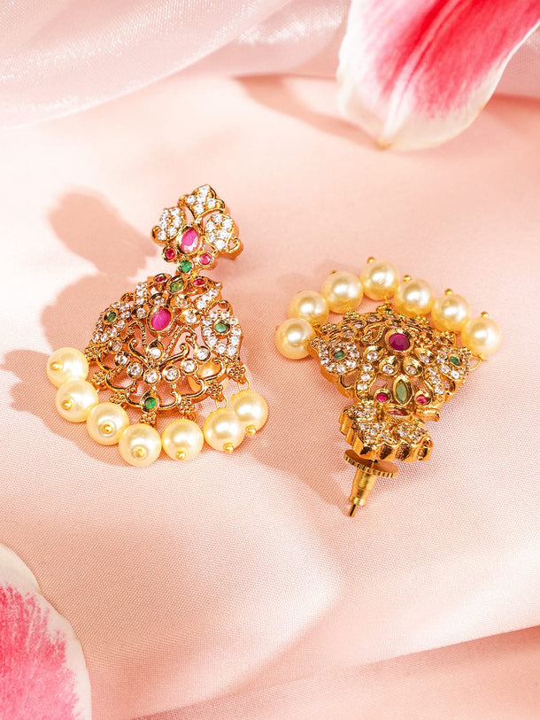 Rubans 24K Gold-Plated Medium-Length Lakshmi Motif Temple Jewellery Set with Ruby Pink, Emerald Green, White Cubic Zirconia & Pearl Beads for Women Jewellery Set