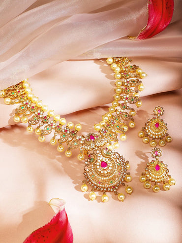 Rubans 24K Gold-Plated Medium-Length Temple Jewellery Set with Ruby Pink, Emerald Green, White Cubic Zirconia & Pearl Beads for Women Jewellery Set