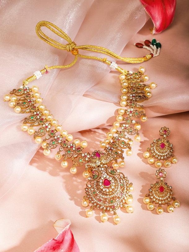 Rubans 24K Gold-Plated Medium-Length Temple Jewellery Set with Ruby Pink, Emerald Green, White Cubic Zirconia & Pearl Beads for Women Jewellery Set