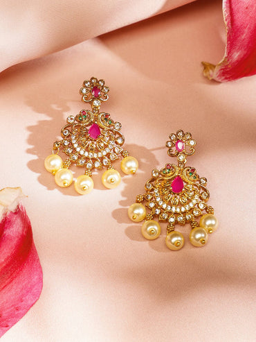 Rubans 24K Gold-Plated Medium-Length Temple Jewellery Set with Ruby Pink, Emerald Green, White Cubic Zirconia & Pearl Beads for Women Jewellery Set