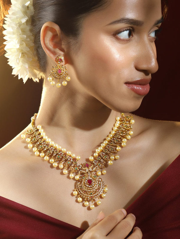 Rubans 24K Gold-Plated Medium-Length Temple Jewellery Set with Ruby Pink, Emerald Green, White Cubic Zirconia & Pearl Beads for Women Jewellery Set