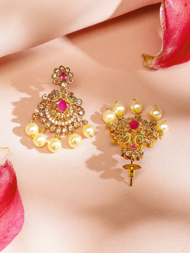 Rubans 24K Gold-Plated Medium-Length Temple Jewellery Set with Ruby Pink, Emerald Green, White Cubic Zirconia & Pearl Beads for Women Jewellery Set