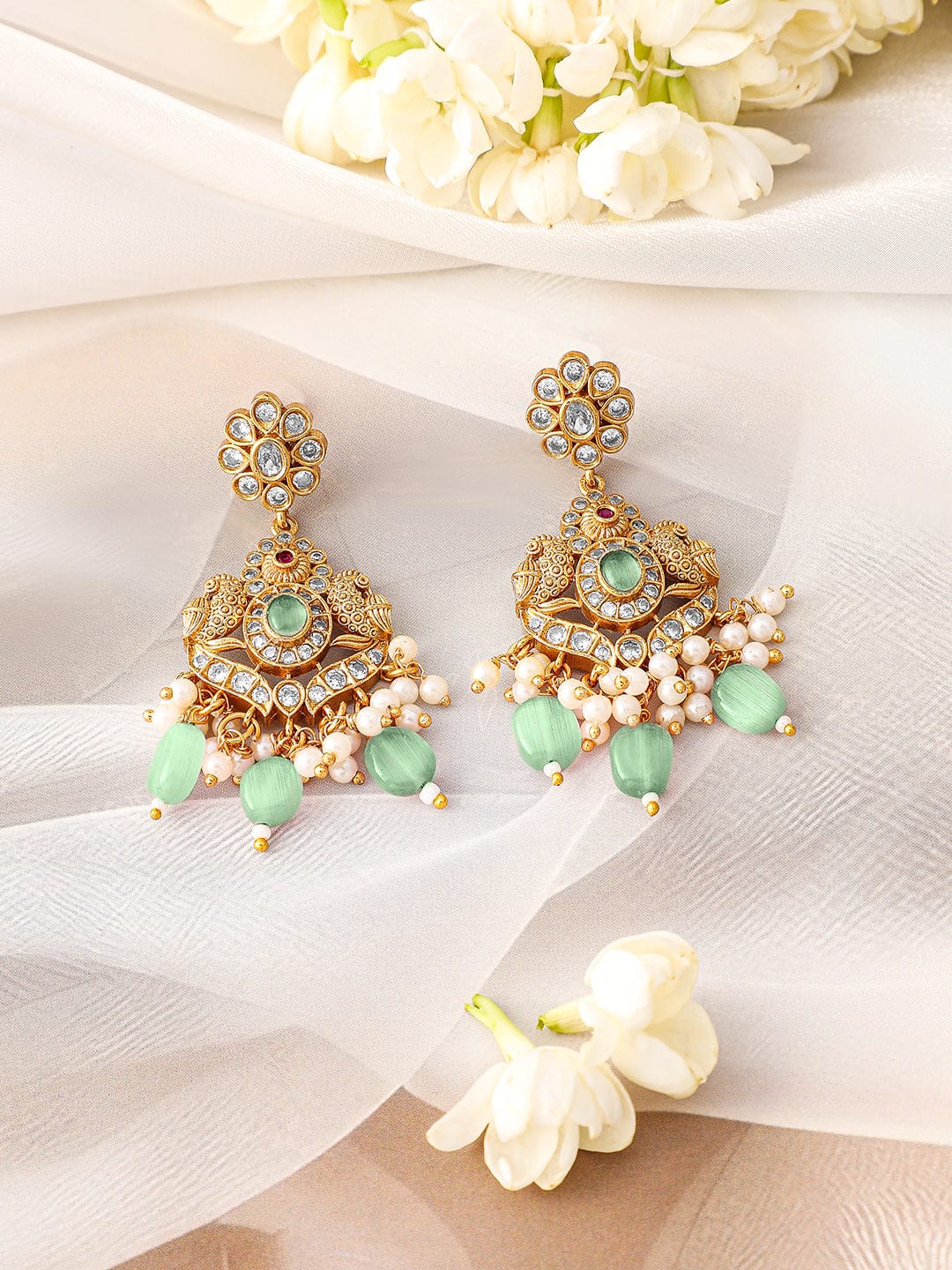 Rubans 24K Gold Plated Mint Green Beads & Cubic Zirconia Studded Traditional Necklace Set Jewellery Set