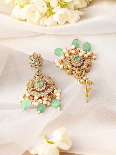 Rubans 24K Gold Plated Mint Green Beads & Cubic Zirconia Studded Traditional Necklace Set Jewellery Set