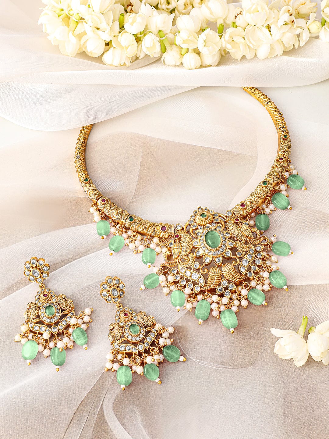 Rubans 24K Gold Plated Mint Green Beads & Cubic Zirconia Studded Traditional Necklace Set Jewellery Set
