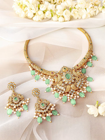 Rubans 24K Gold Plated Mint Green Beads & Cubic Zirconia Studded Traditional Necklace Set Jewellery Set