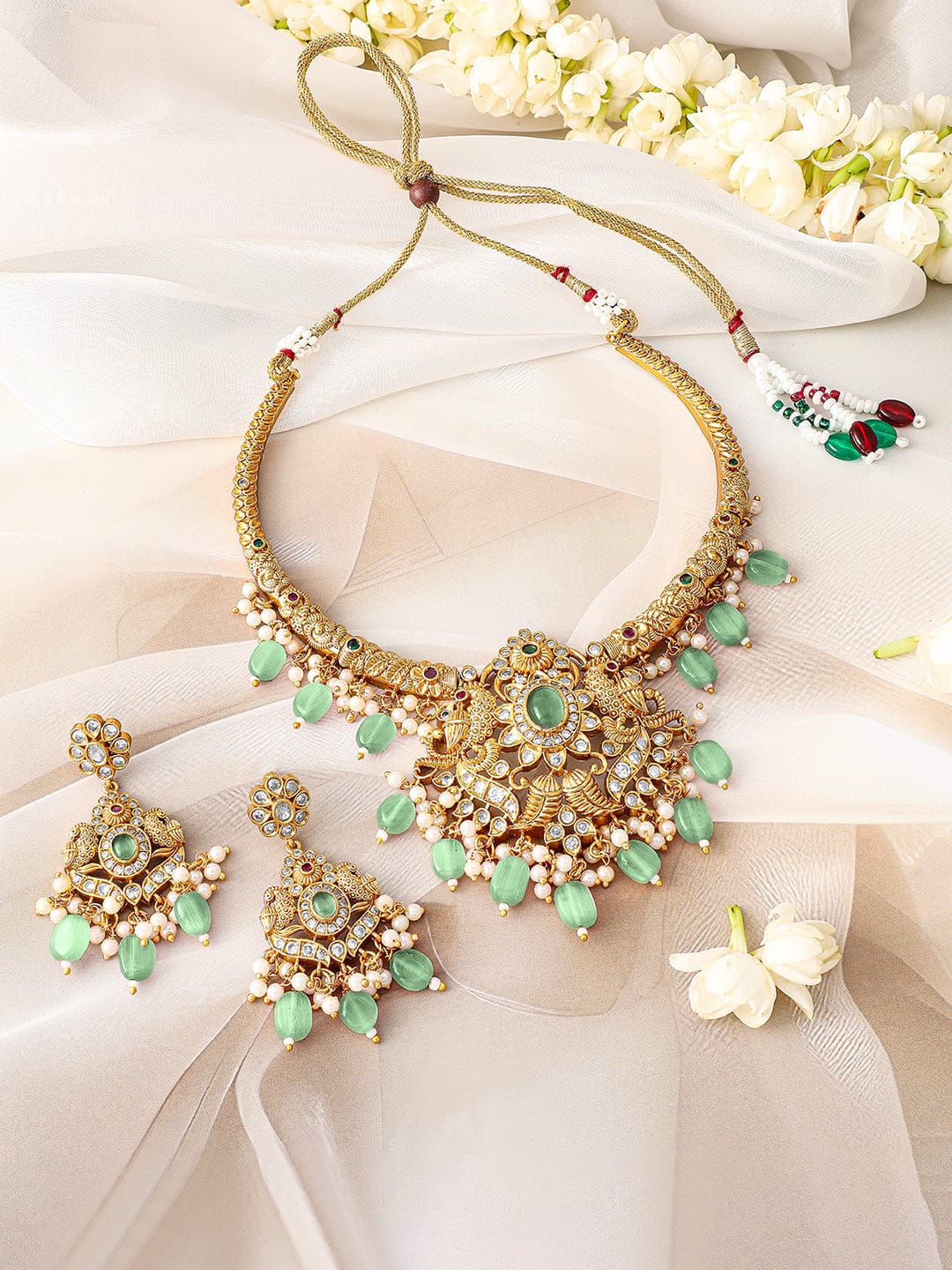 Rubans 24K Gold Plated Mint Green Beads & Cubic Zirconia Studded Traditional Necklace Set Jewellery Set